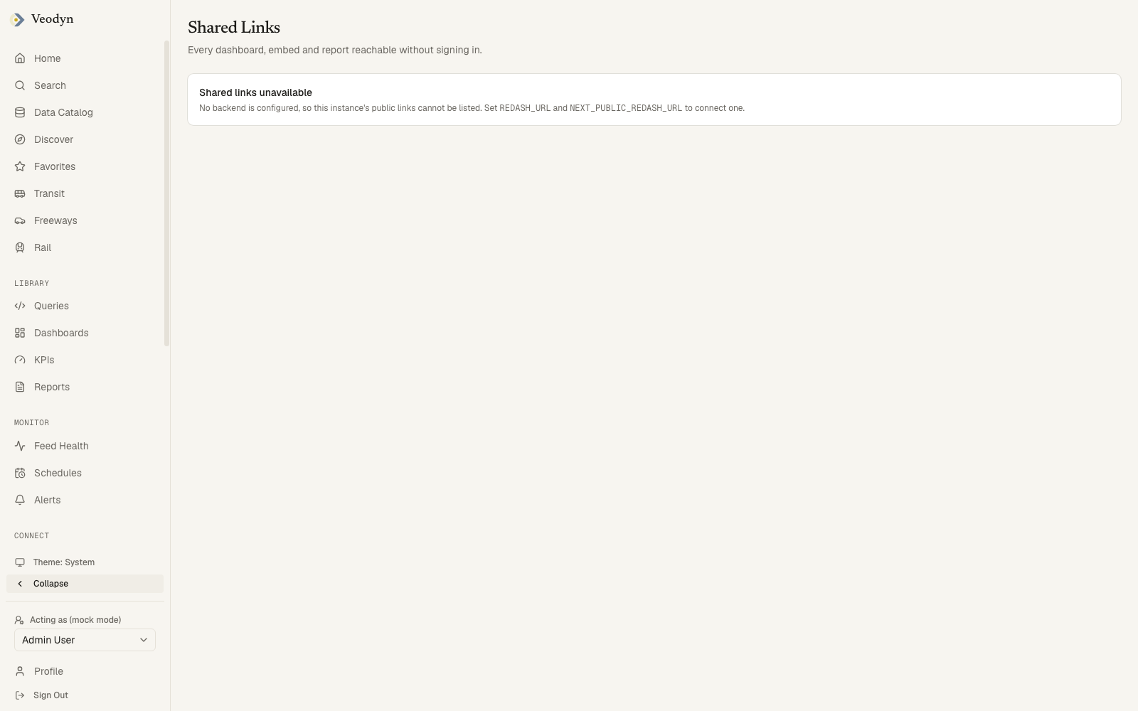 The Shared Links admin page listing every public link