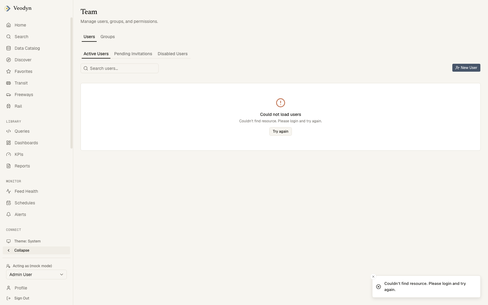 The Team admin page with the user list