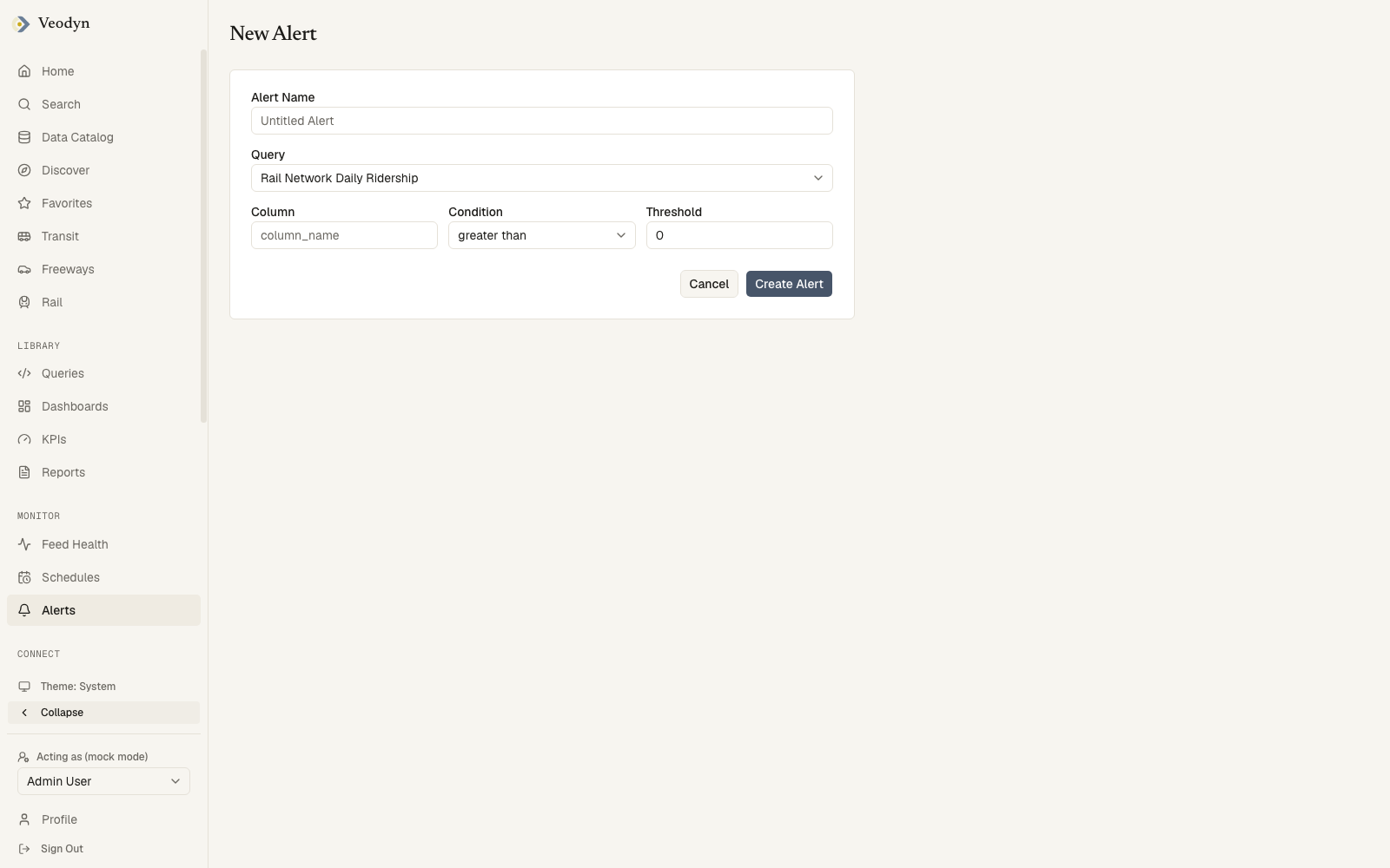 The new alert form: the query and column to watch, the condition and threshold, and where it notifies