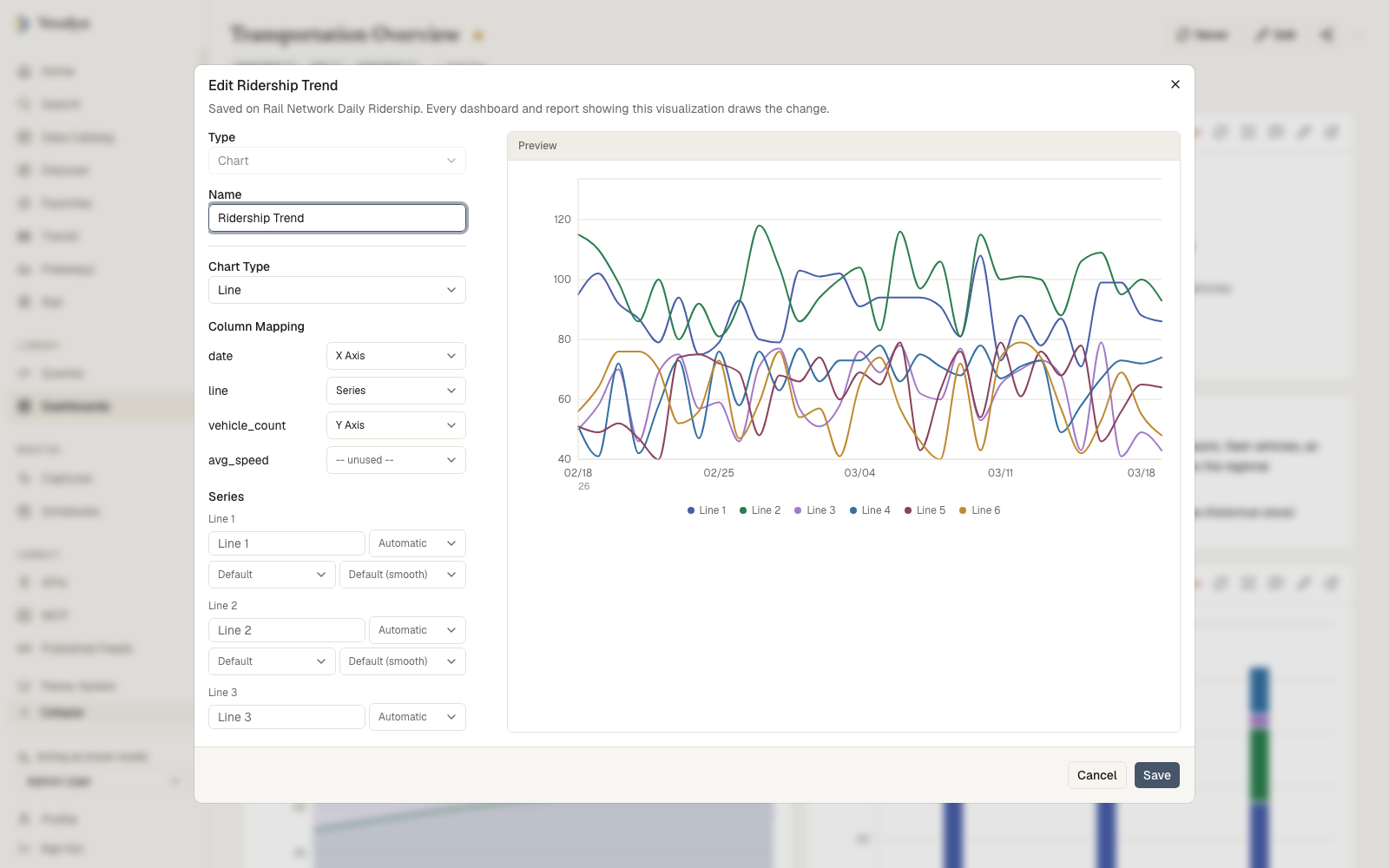 The chart editor with column mapping, per-series controls, and a live preview
