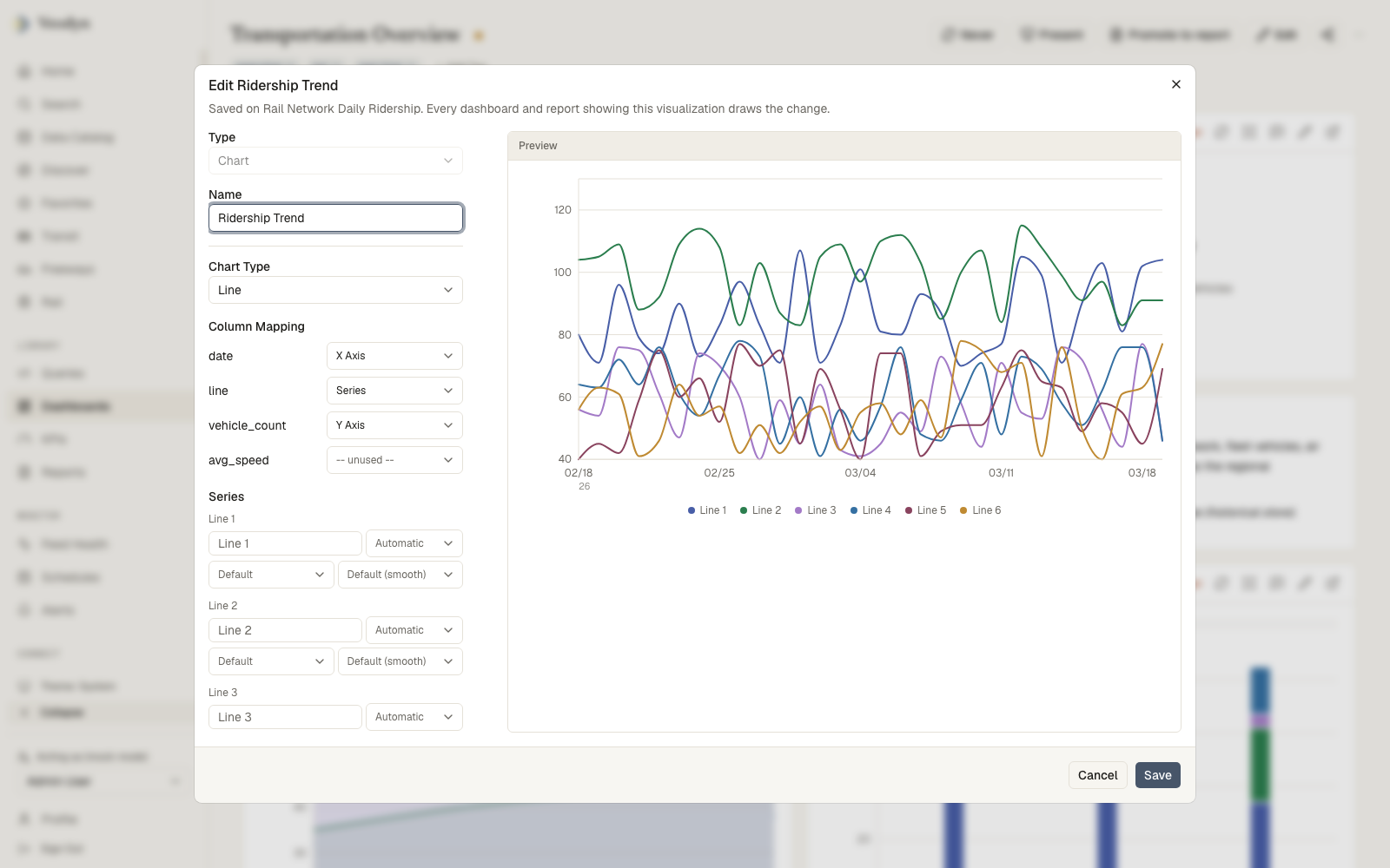 The chart editor with column mapping, per-series controls, and a live preview
