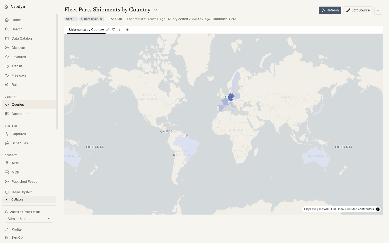 A choropleth on a query's read view. This capture shades the bundled world map; the geometry column mode below draws one region per result row instead