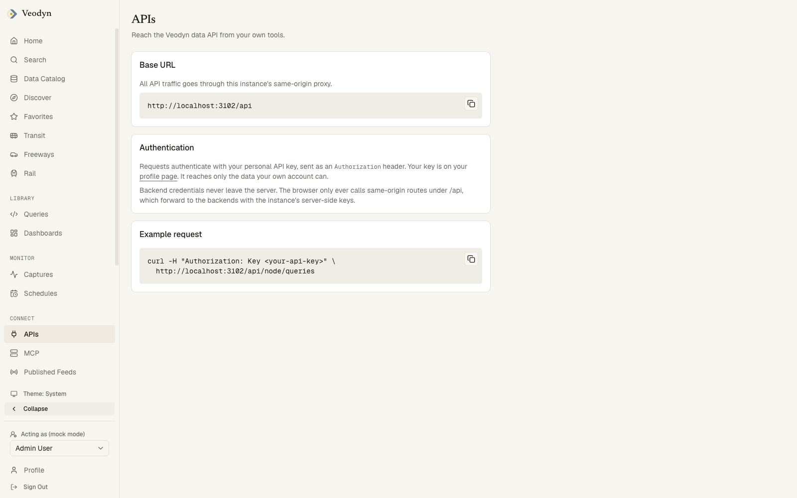 The APIs page: the query result endpoints with copyable examples