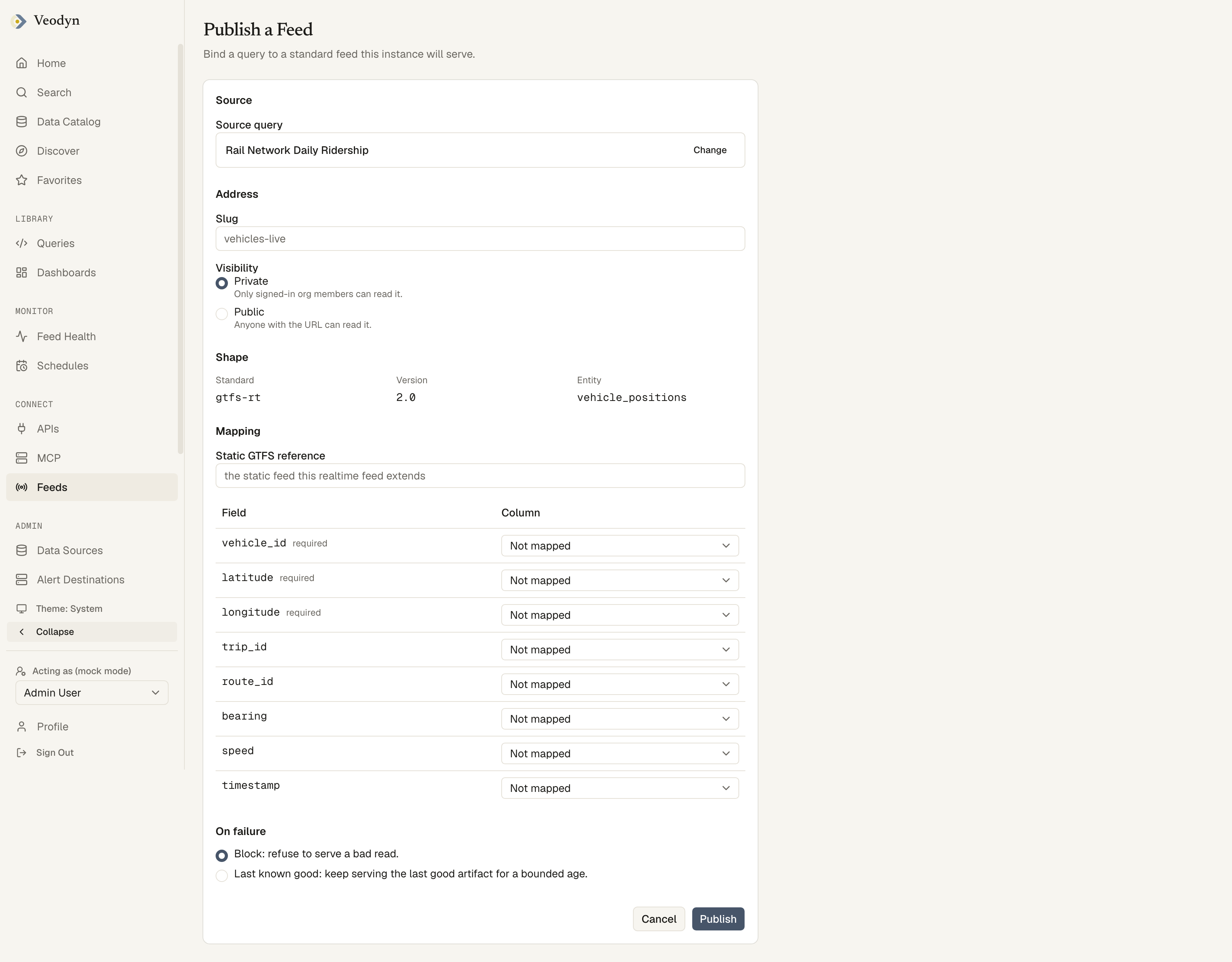 The Publish a Feed form: source, address, shape, the field-to-column mapping table, and the on-failure modes