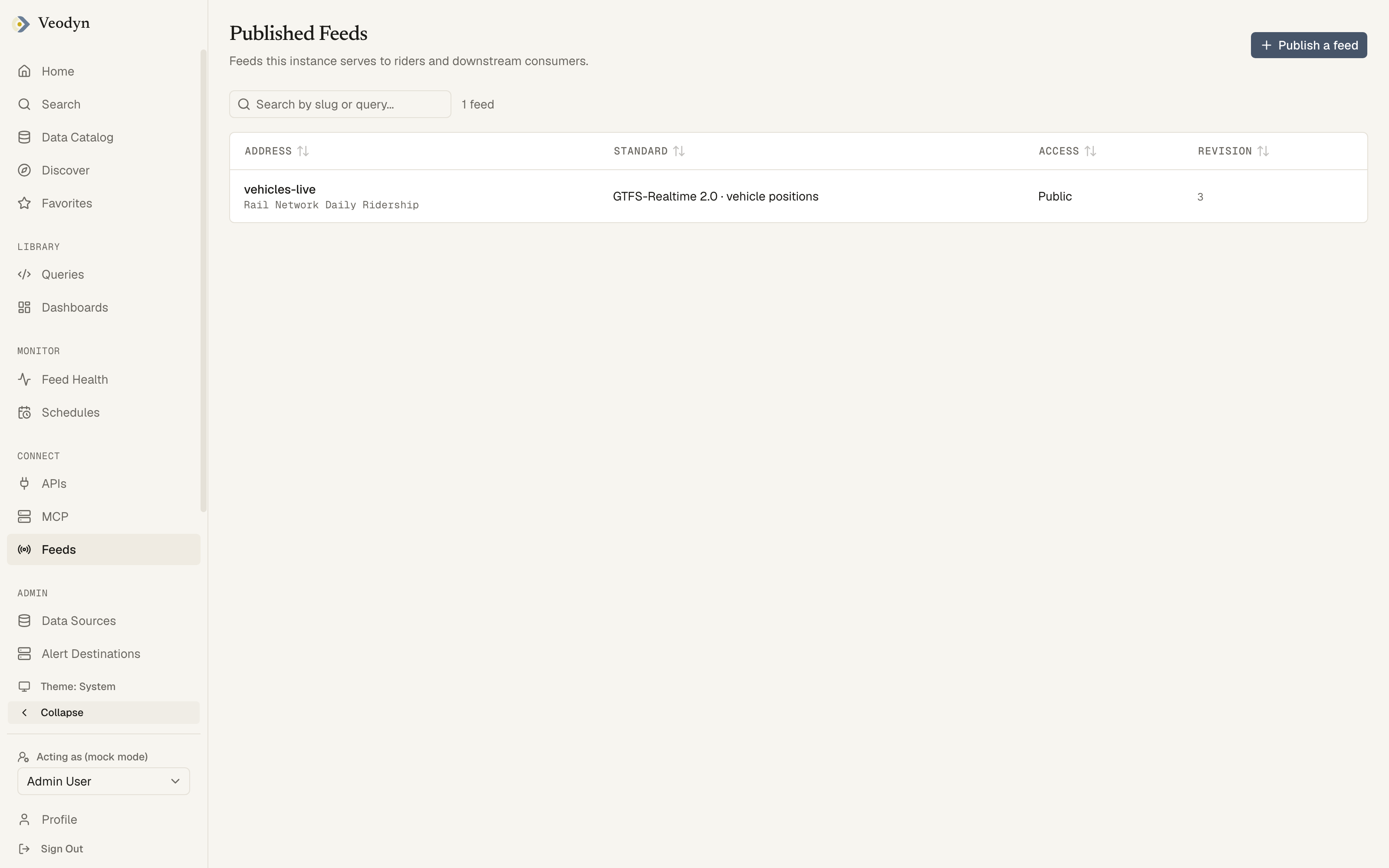 The published feeds list: address over source query, standard, access and revision