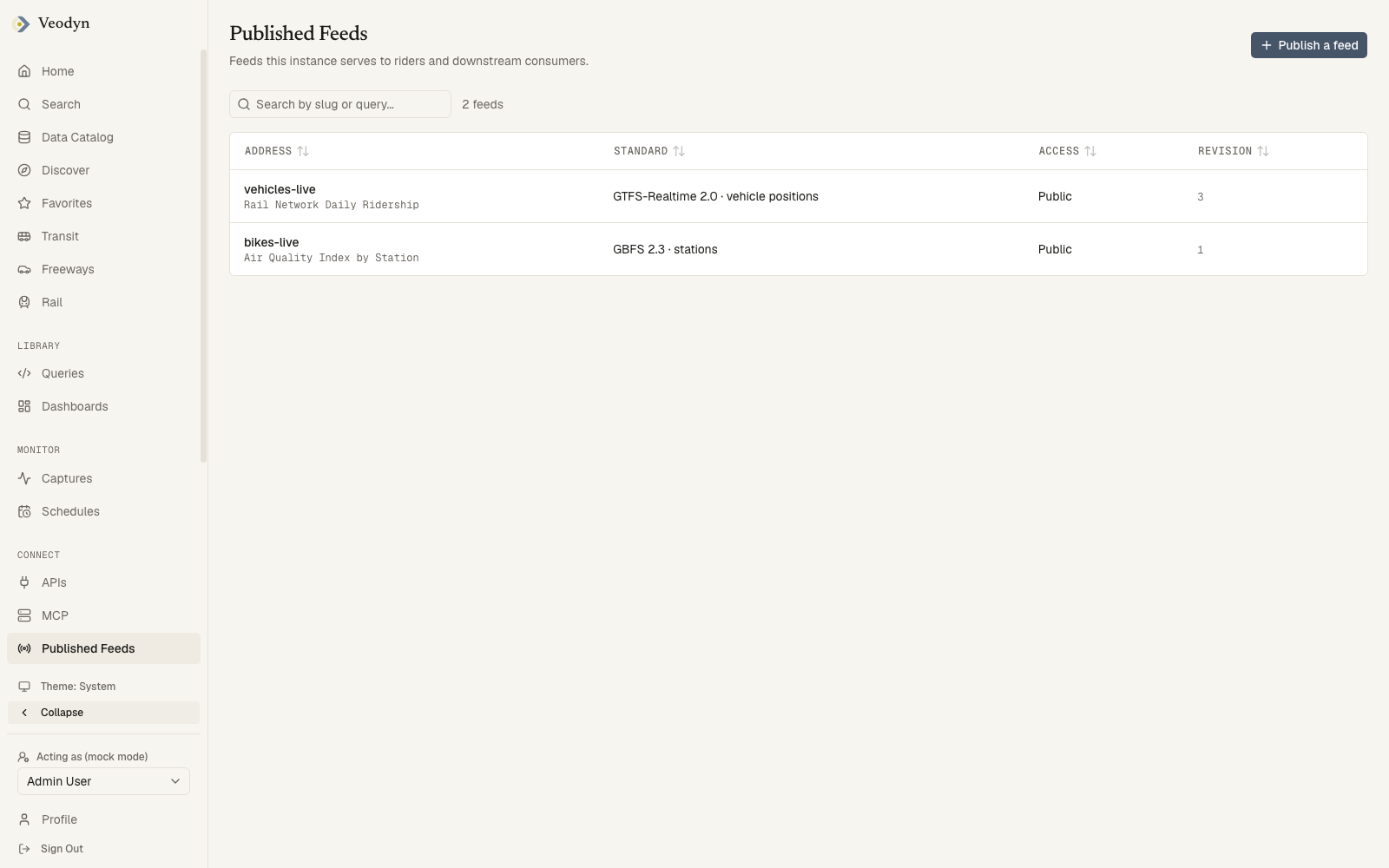 The published feeds list: address over source query, standard, access and revision