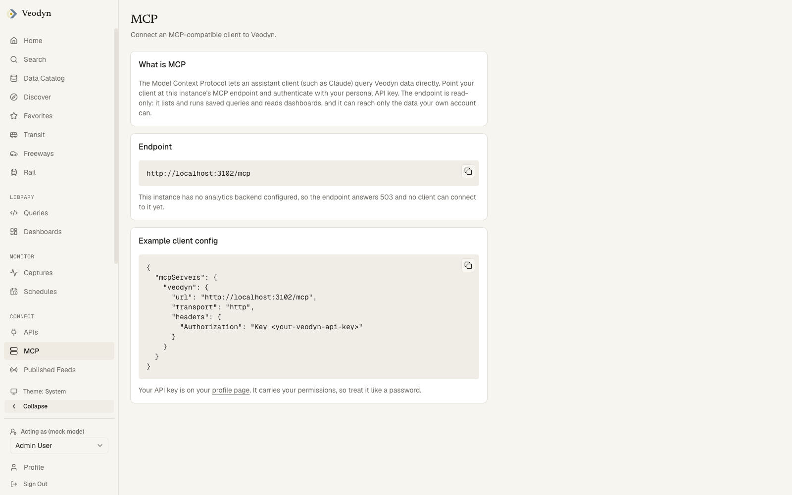The MCP page: the server URL and the client configuration snippet