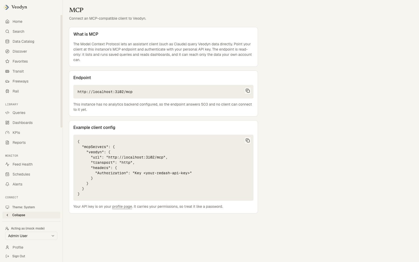 The MCP page: the server URL and the client configuration snippet