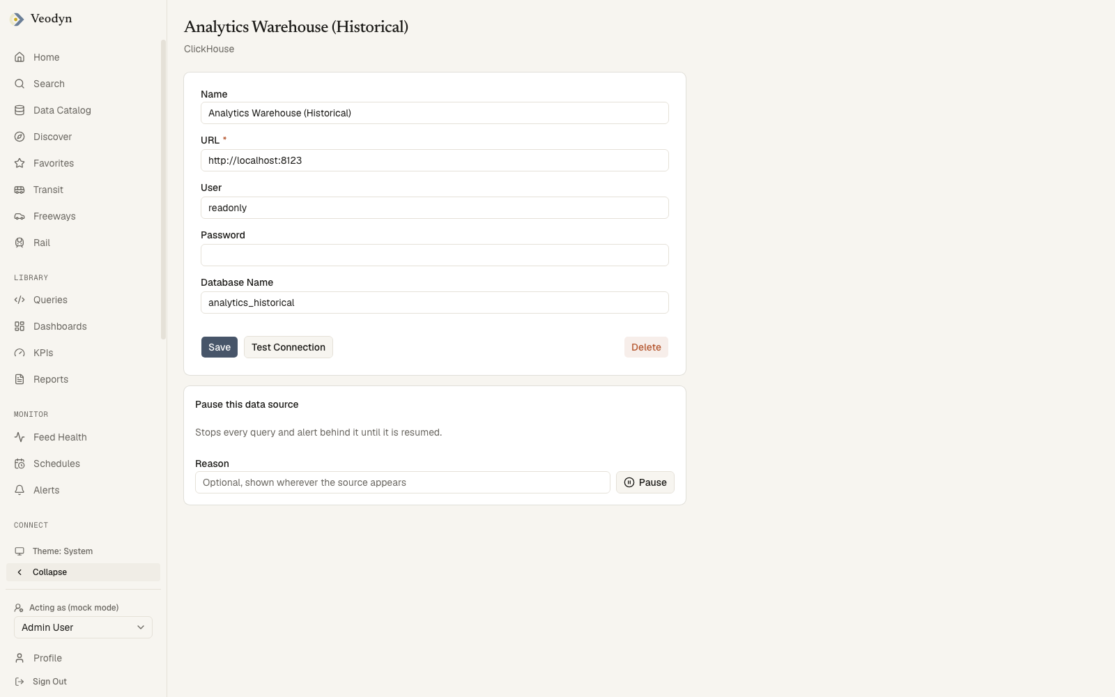 A data source page: its type, connection settings and the groups that may use it