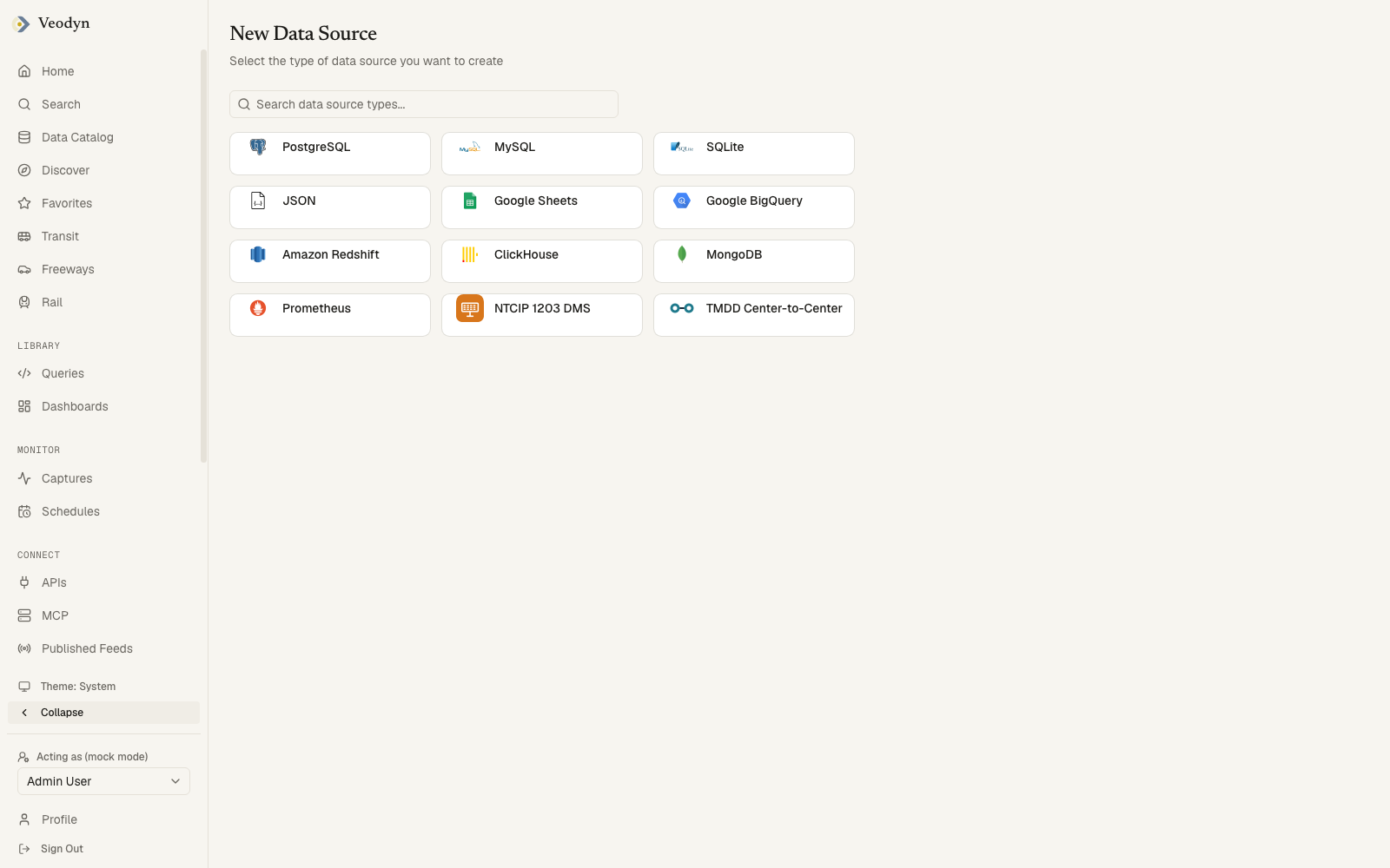 The new data source form: the type picker and the connection fields it implies