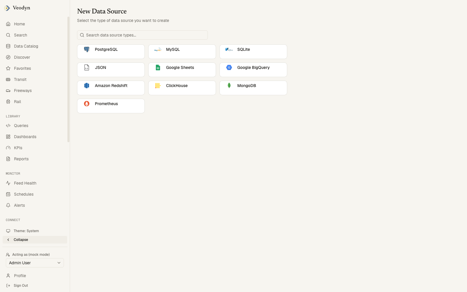 The new data source form: the type picker and the connection fields it implies