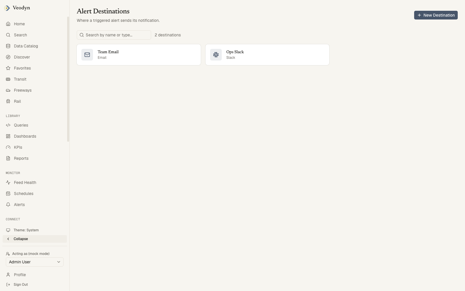 The alert destinations list, one card per configured destination