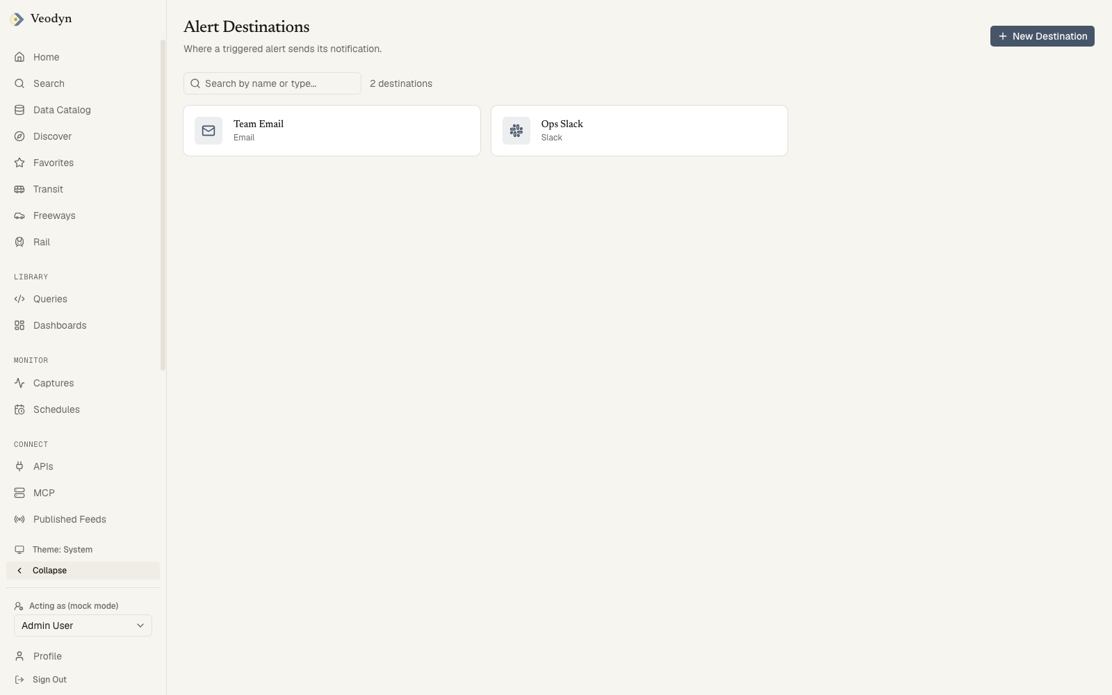 The alert destinations list, one card per configured destination