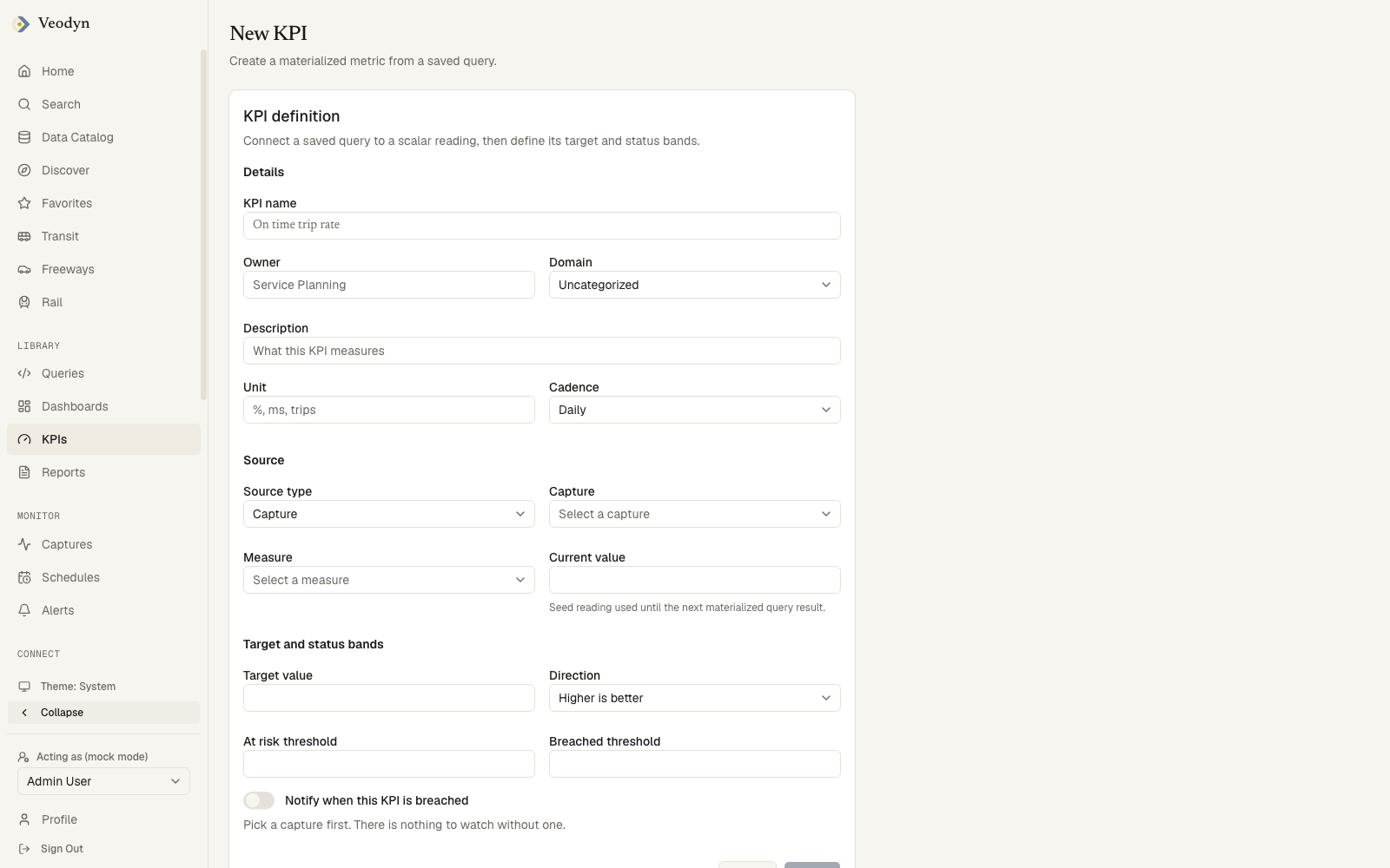 The New KPI form with Source type set to Capture, so the source fields ask for a capture and a measure