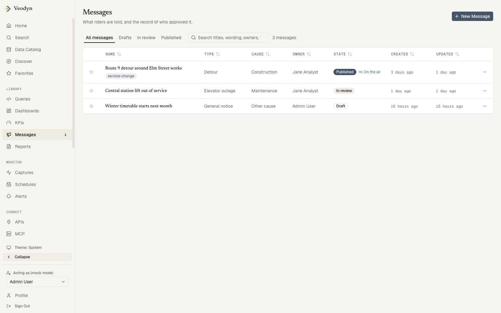 The messages list: name, type, cause, owner, state with the on-the-air marker, created and updated