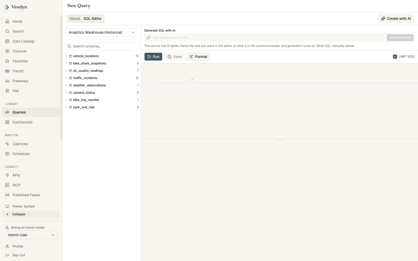 A new, empty query: the schema browser and snippets panel on the left, the SQL editor and its AI prompt bar on the right