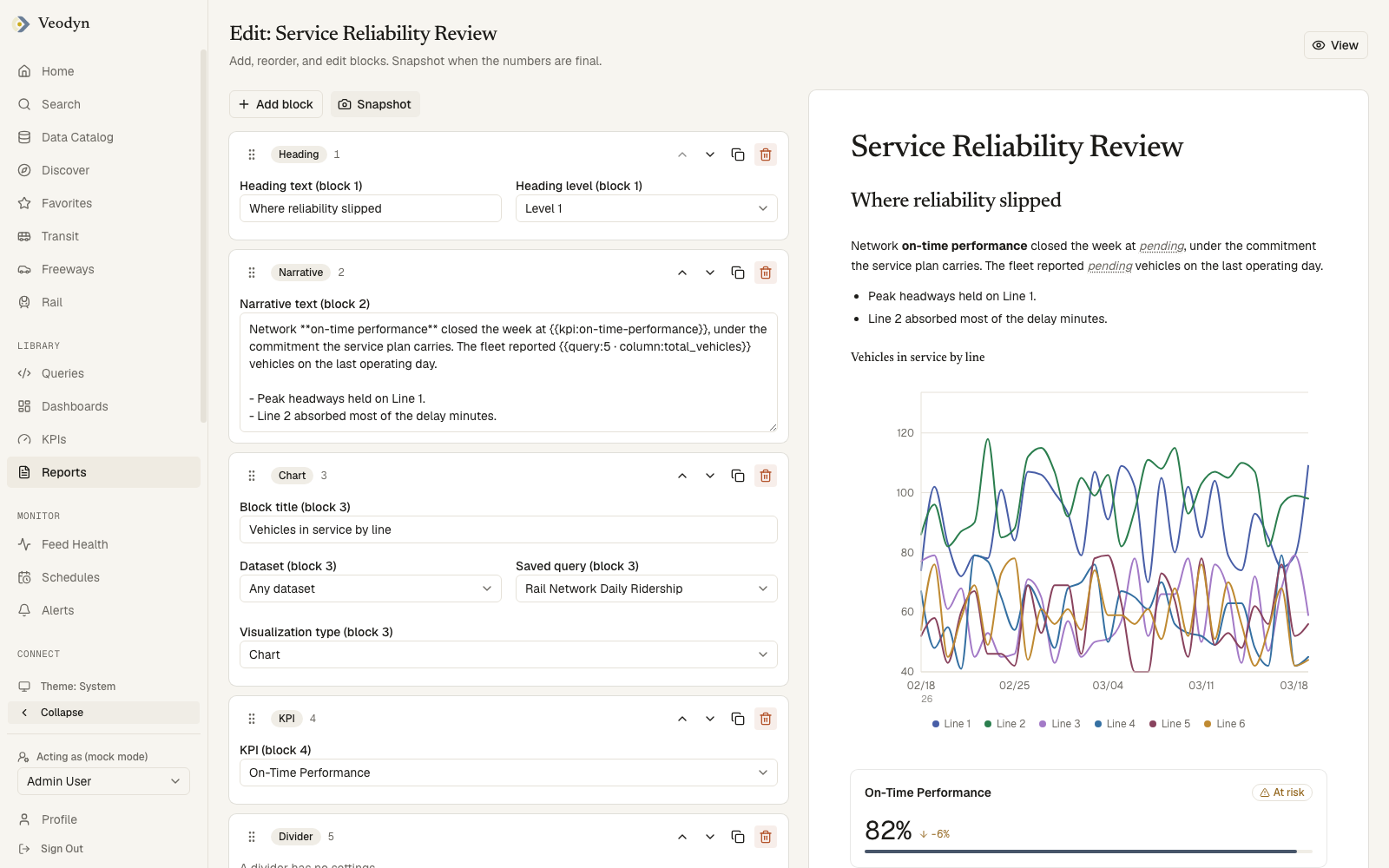The report block editor: block rows on the left, live document preview on the right