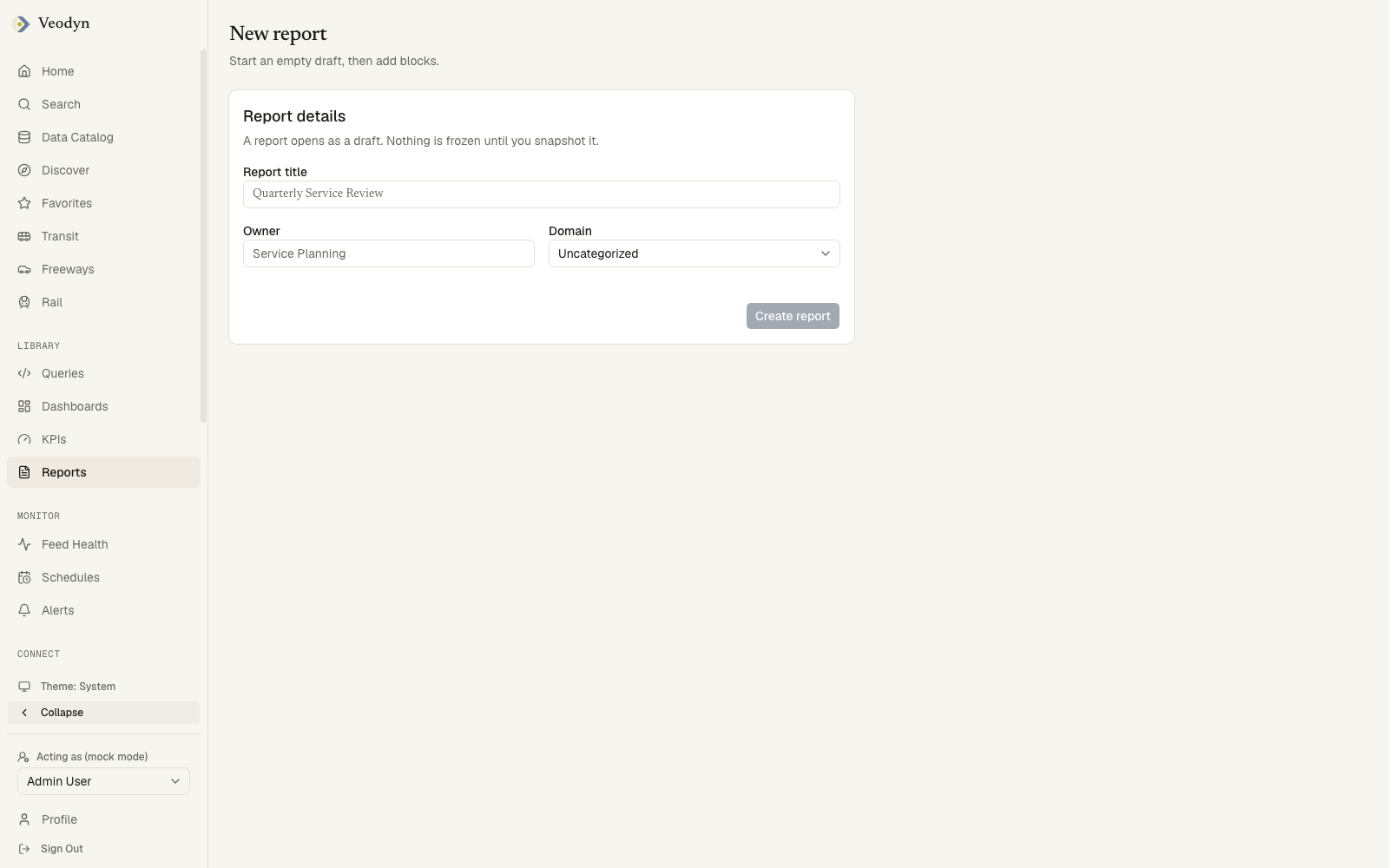 The New report form: title, owner and the Domain select