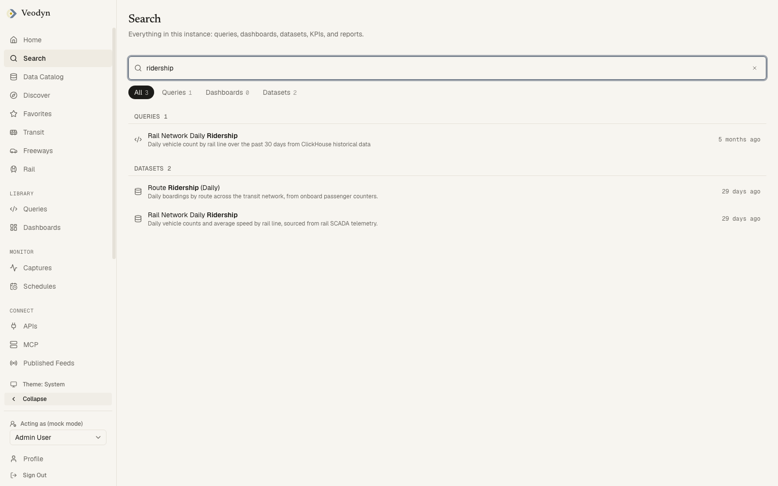 The Search screen with a term typed, results grouped by type and the type filters above them