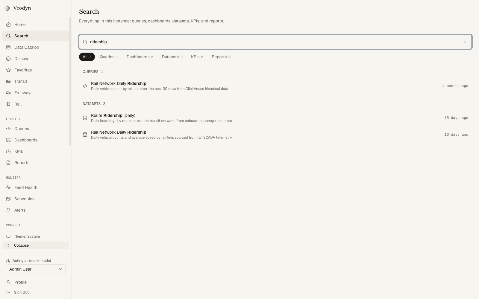 The Search screen with a term typed, results grouped by type and the type filters above them